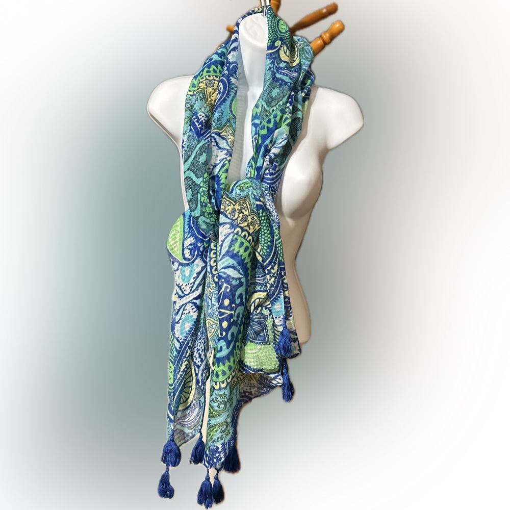 Lovely Spring Colors Shawl Wrap Sari Scarf Woven Cotton Muslin w Tassles NWOT